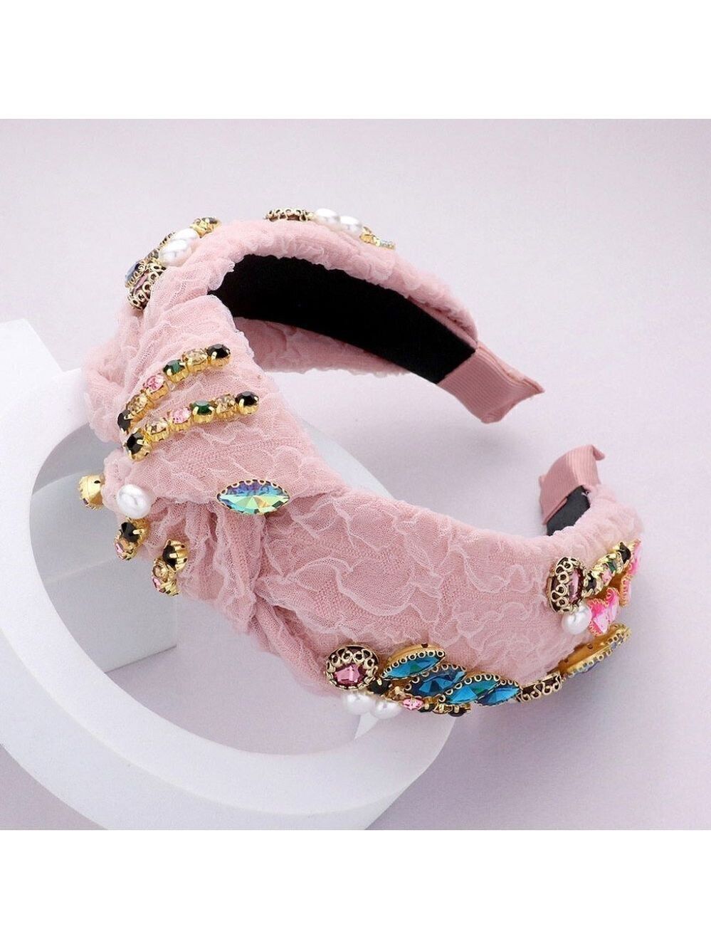 NWT Pink Lace Multi Stone and Pearls Knot headband